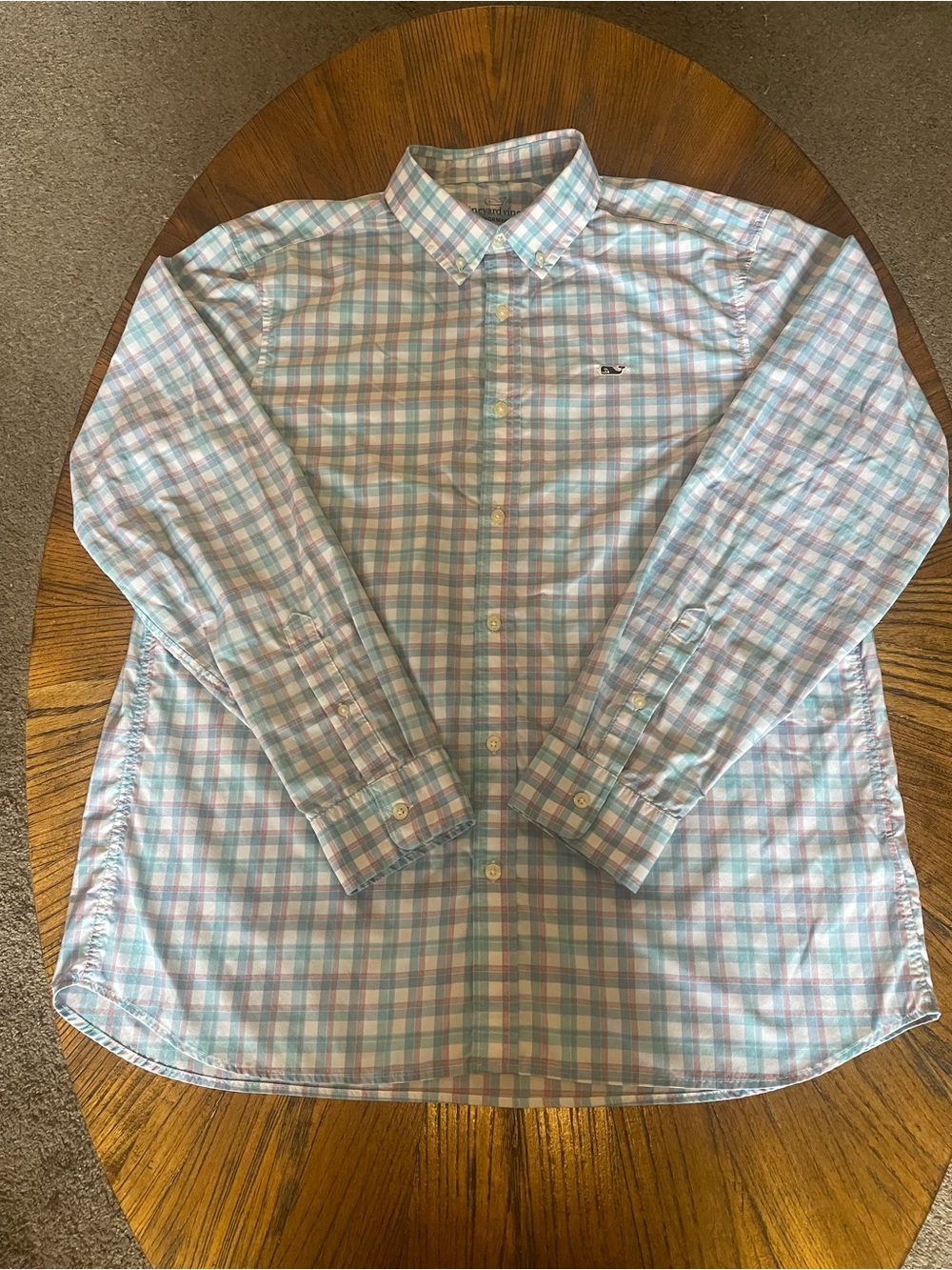 Vineyard Vines Men's Pastel Blue and Pink Plaid Button-Down Performance Shirt